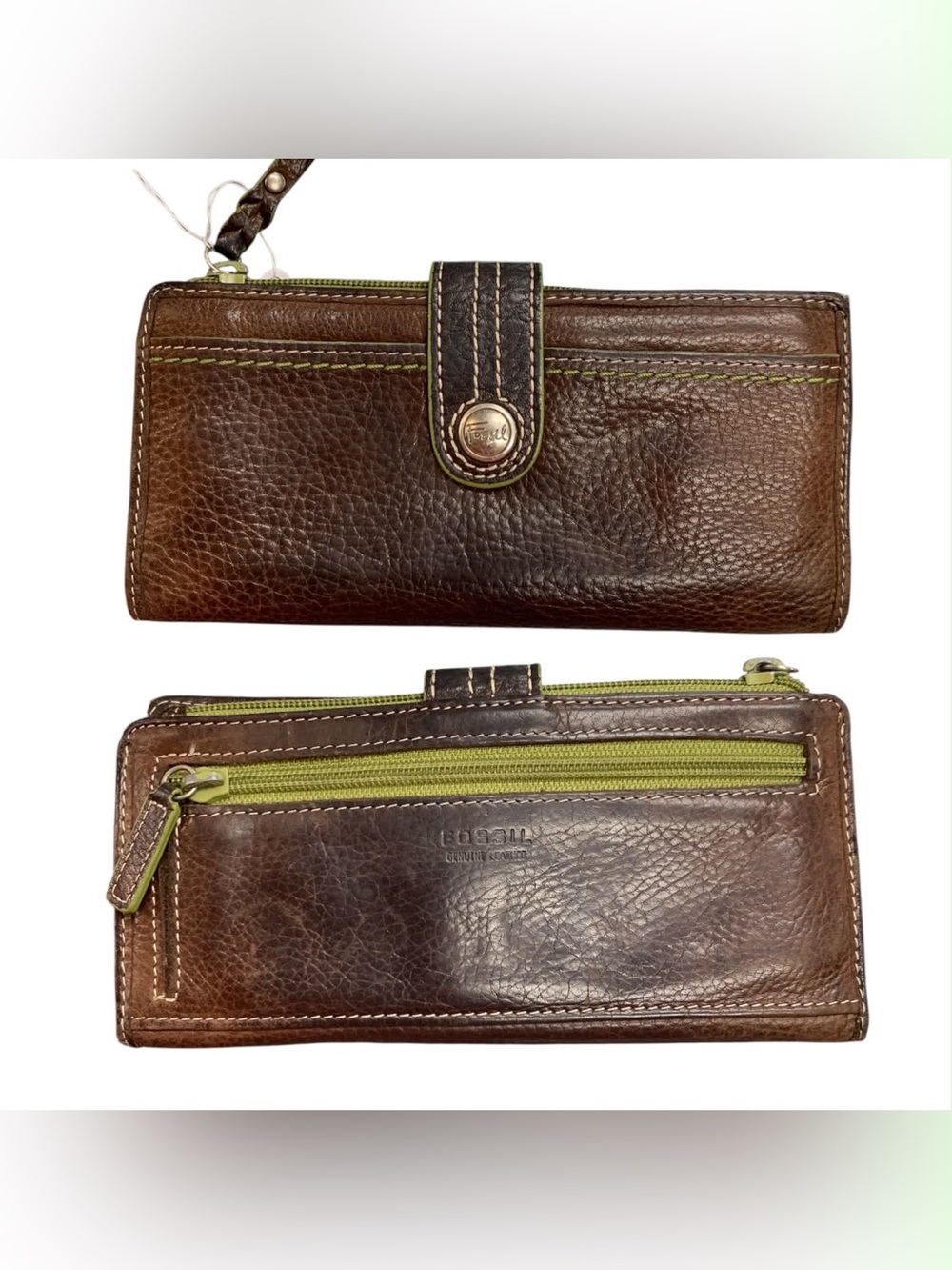 Fossil Brown Leather Wallet with Lime Green Zipper Accents